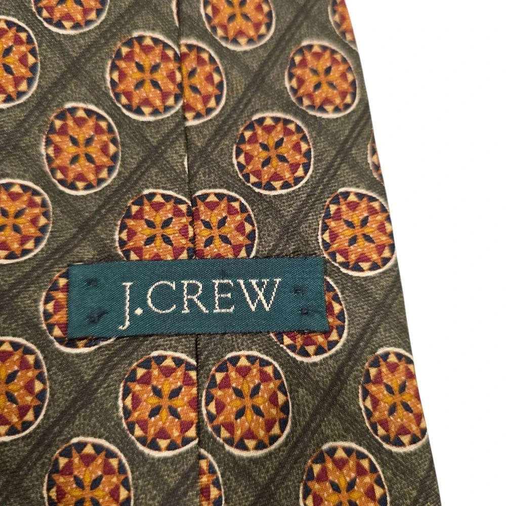 Vintage J.CREW Silk Medallion Pattern Tie Green Orange Men's Luxury Neckwear‎